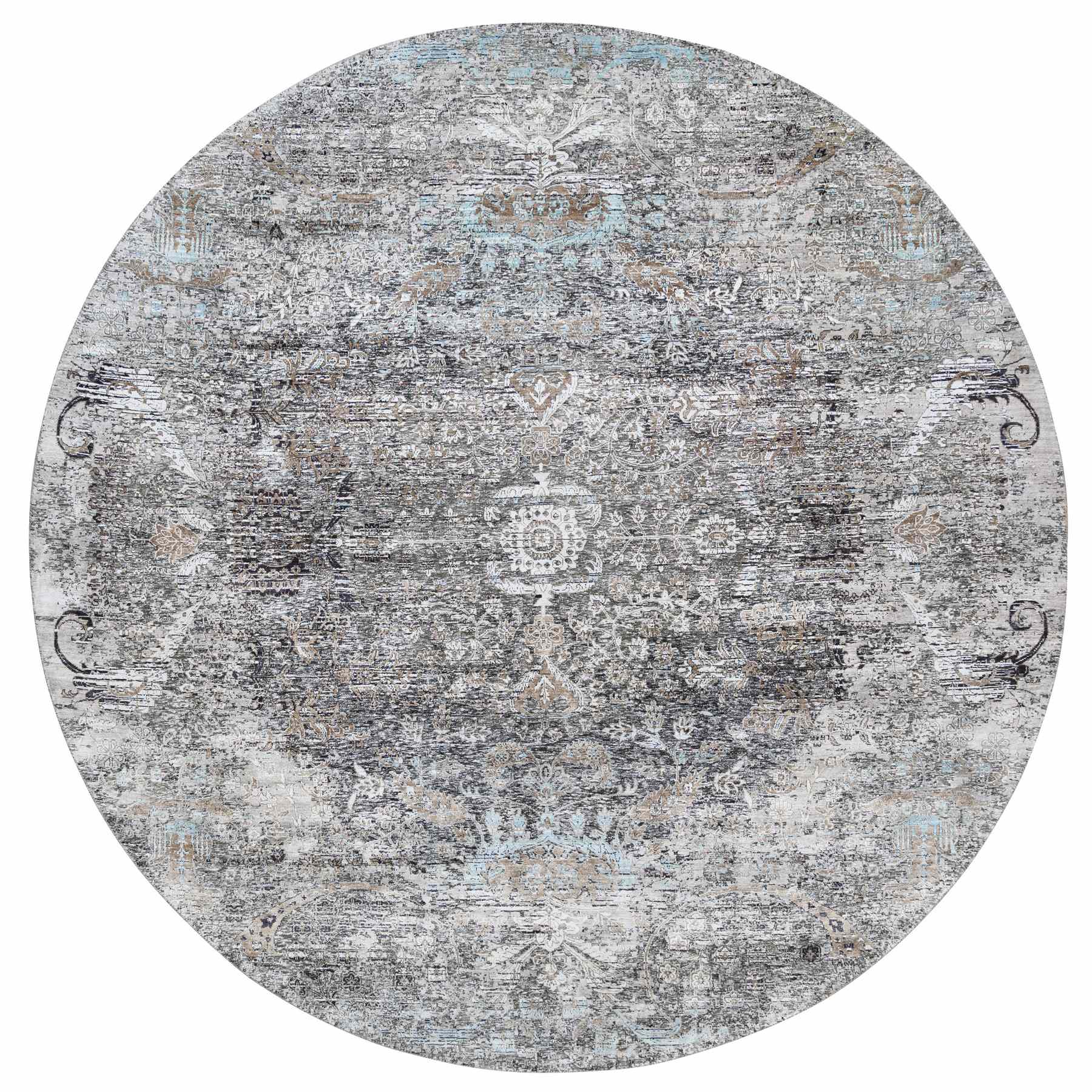 11'10"x11'10" Shades of Brown, Silk with Textured Wool, Hand Knotted, Transitional Persian Influence Erased Medallion Design, Oriental, Round Rug 